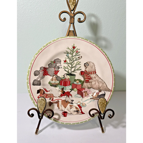 Pier 1 CHRISTMAS MORNING PUPS Salad Dessert Plates Puppies Dogs Set of four - Picture 1 of 7